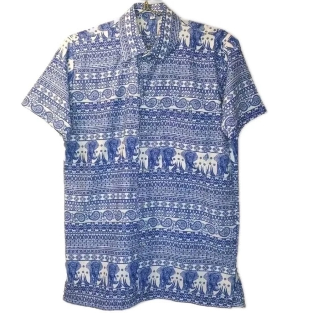 Raga Man Camp Hawaiian Shirt Adult Sz Small Blue Elephants Tropical Button Nwot